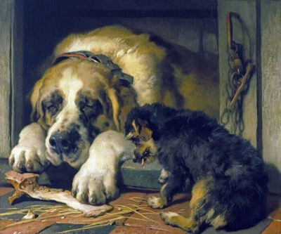 DOUBTFUL CRUMBS DOGS FRIENDSHIP ANIMAL PAINTING BY EDWIN HENRY LANDSEER REPRO - Image 1 of 3