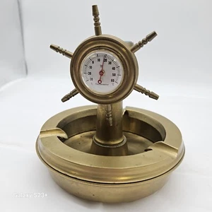Vintage Brass Ship Steering Wheel Nautical Compass Thermometer Ashtray Japan - Picture 1 of 12