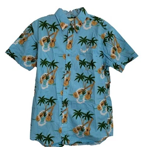Coastal Mens Shirt Size Small Hawaiian Leis Ukulele Palm Trees Blue Cotton Camp - Picture 1 of 7