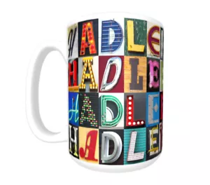HADELE Kaffeebecher / Tasse mit dem Namen auf Fotos von Zeichenbuchstaben - Bild 1 von 3