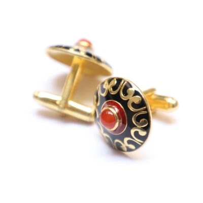 Gemelos de regalo de oro forma redonda esmalte negro piedra cornalina de plata de ley 92,5 Foto 1 de 4