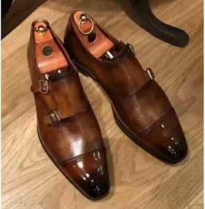 New Brown Leather Formal Double Monk Strap Dress Shoes For Mens - Picture 1 of 3