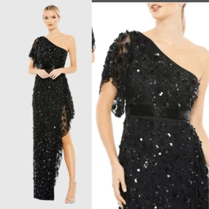 NWT Mac Duggal One Shoulder Beaded black Embellished Gown Asymmetrical Hem 8 - Picture 1 of 16