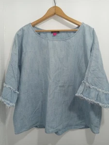 Vince Camuto Blue Denim Top Lg 3/4 Sleeve , Raw Look, Bell Sleeves - Picture 1 of 6