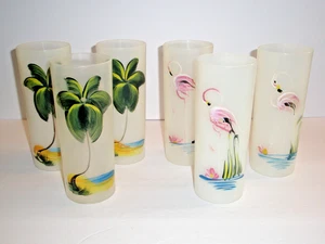 Vintage Tom Collins Trinkgläser Trinkgeschirr Tropische Palmen Flamingo - Bild 1 von 7