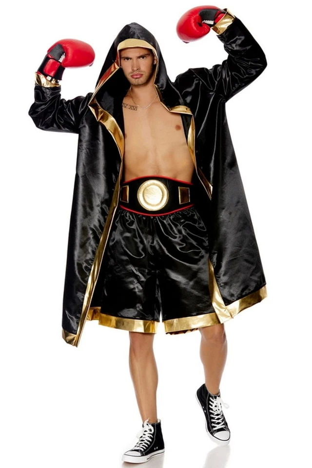 Disfraz de Campeón de Boxeo para Hombre - Bata, Pantalones Cortos y Cinturón Negro Dorado - Calidad Premium Foto 1 de 4