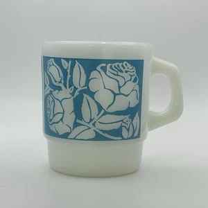 Vtg Fire King Anchor Hocking Blue Rose Floral Mug Milk Glass Made In USA - Picture 1 of 9