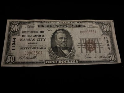 1929 $50 Fidelity National Bank KANSAS CITY Missouri National Currency Ch# 11344 - Image 1 of 4