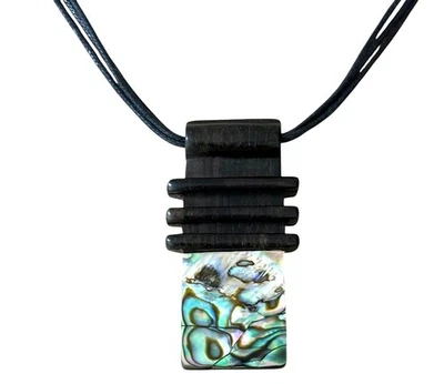 necklace handmade carved wood abalone on cord boho hippie talisman pendant - Image 1 of 4