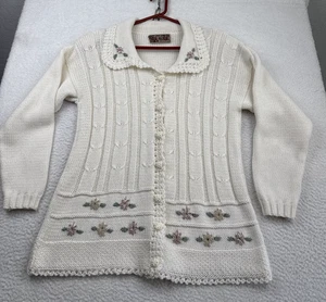 Women's Vintage Embroidered Cable Knit Cardigan Floral Retro Med ? Cottagecore - Picture 1 of 24