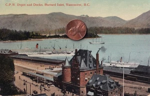 CANADA VANCOUVER B. C. CANADIAN PACIFIC RIALROAD DEPOT DOCKS CA. 1910 VINTAGE PC - Picture 1 of 2
