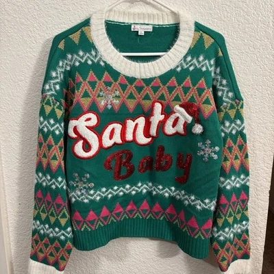 Santa Baby Ugly Christmas Sweater Green Sequin Knit XL Jolly Sweaters - Image 1 of 4