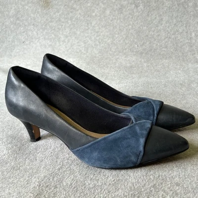 VTG Navy Blue Leather Clarks Collection Pointed Toe Heel Dress Pumps Shoes 10M - Image 1 of 4