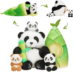 Peluche Panda Peluche con 3 Bambini All'interno Panda Bear con Bambù 19" - Foto 1 di 12