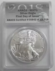 Silver Eagle 2018 certificado ANACS MS 70 primer día de emisión 1 oz plata fina .999 - Imagen 1 de 4