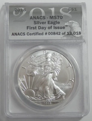 2018 Silver Eagle Certified ANACS MS 70 First Day of Issue 1oz .999 Fine Silver - Image 1 of 4