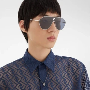 Fendi Men Sunglasses Shiny Palladium Blue Round FE40080U FF MATCH 16V NEW - Picture 1 of 11
