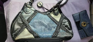 Vintage Madi Claire Croco Embossed Blue Black Bag & Matching Wallet - Large Size - Picture 1 of 10