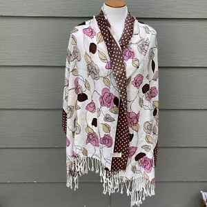 Pashmina Shawl Scarf Wrap Floral Roses White Pink Brown Cashmere Silk 68x26 In - Picture 1 of 6
