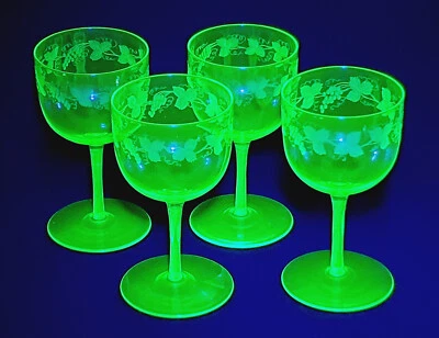 Fabulous Victorian Set 4 Uranium Fine Lead Crystal Grapevine Wine Glasses - 1880 - image 1 of 4