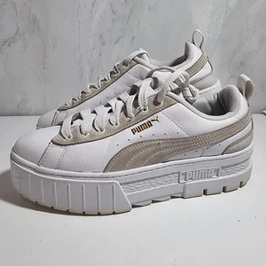 PUMA Mayze White Leather Lace-Up Platform Trainers Ladies UK 6.5  - Picture 1 of 12