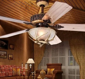 Antler Rustic Ceiling Fan W/Lights&Remote Modern Chandelier Fan Broke Glass Shad - Picture 1 of 14