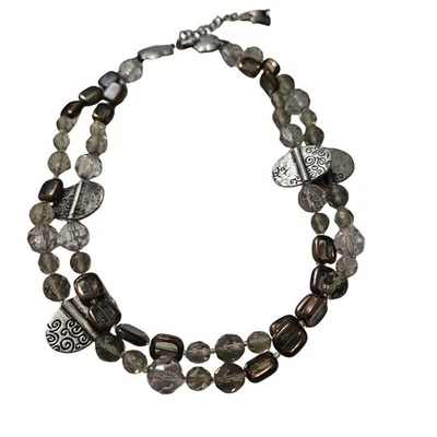 Gargantilla collar con cuentas de doble hilo de vidrio transparente bronce ahumado dijes de plata Foto 1 de 4