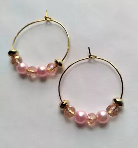 Pink Faceted Crystal AB Bead Gold Tone Hoop Earrings Romantic Love Boho Chic Mod - Picture 1 of 3