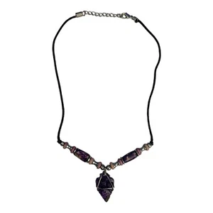 Purple Stoned Heart Bead & Metal Necklace Black Rope Small - Picture 1 of 5