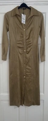 ZARA SAND BROWN SUEDE JOHNNY COLLAR MIDI GATHERED SHIRT DRESS SIZE S BNWT - Image 1 of 4