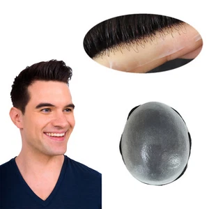 Toupee For Men Human Super Thin Skin Men Hairpieces Wig Jet Black Color #1 - Picture 1 of 10