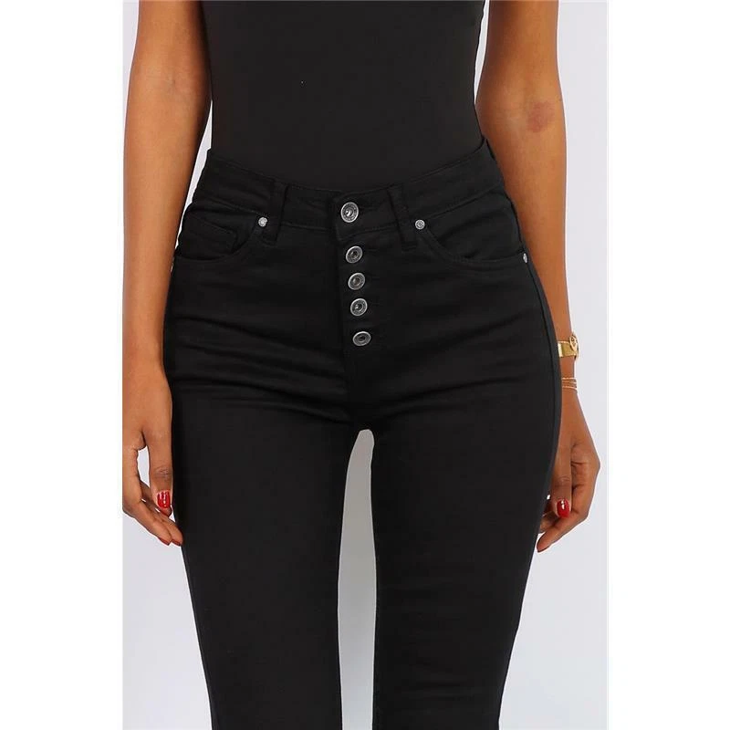 Skinny Damen Stretch Röhrenjeans mit Knopfleiste Schwarz #H1815 - Bild 1 von 4