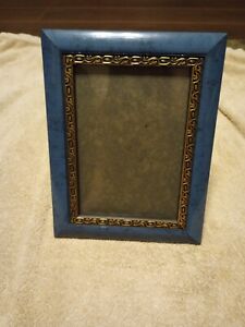 Plastic Blue Picture Frame With Gold Trim