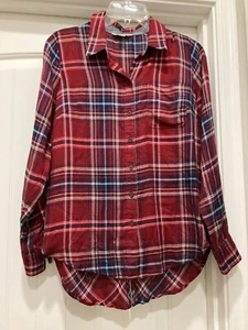 Lucky Brand Red Plaid Button Down Long Back w Buttons On Bottom Shirt Top SZ S - Picture 1 of 11