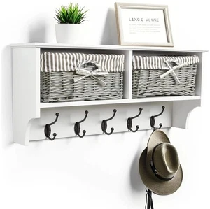 Wall Mounted Coat Rack White Shelf with 2 Grey Wicker Baskets & 5 Double Hooks - Picture 1 of 7