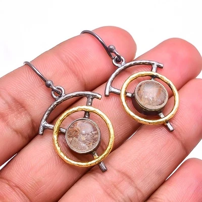 Natural Golden Rutilated Quartz 925 Silver Black & Gold Plated Earring 1.64" E7 - Image 1 of 4