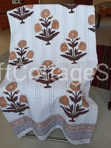 Boho Floral Design Hand Block Print Bedspread Quilt With Kantha King Size Throw - Picture 1 of 19