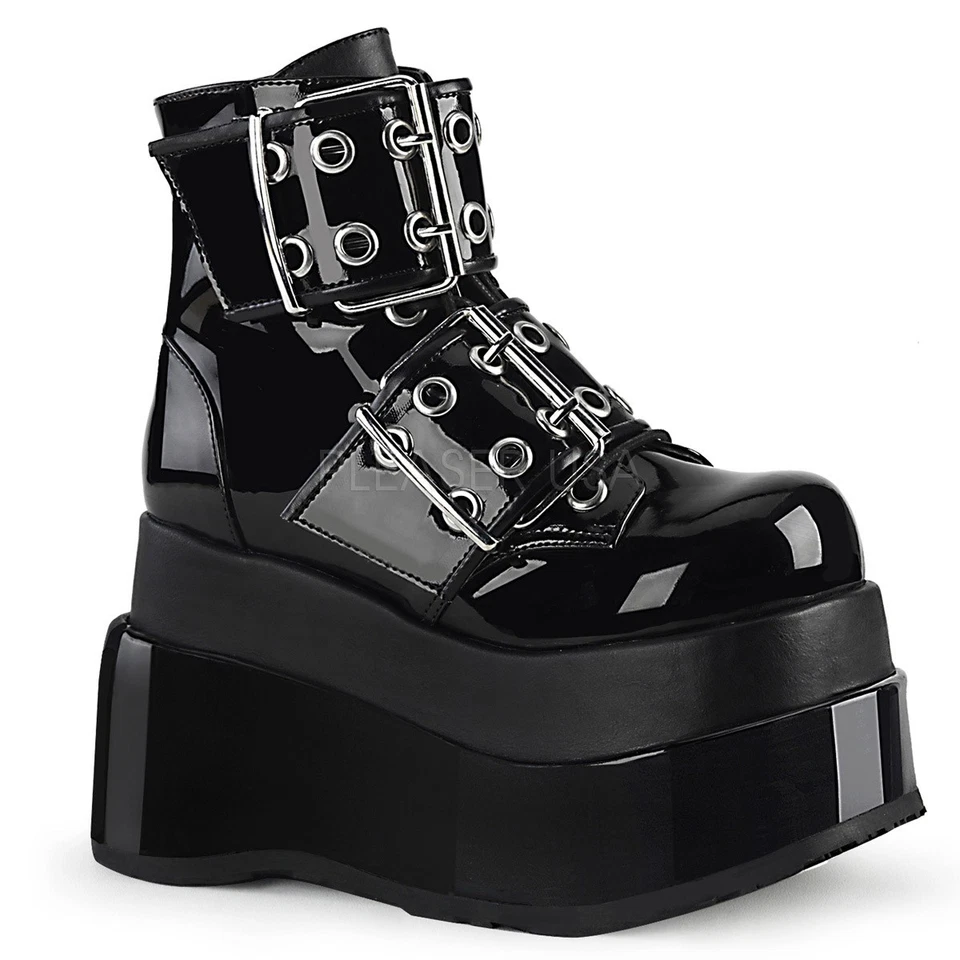 *Huge Demonia 4.5" Stacked Platform Vegan Black Mega Buckle Ankle Boots Goth *10