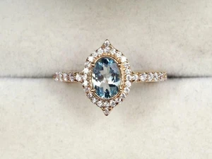 Ovaler Lab Created Aquamarin Halo Verlobungsring 2 Karat 14 K Gelbgold vergoldet - Bild 1 von 7