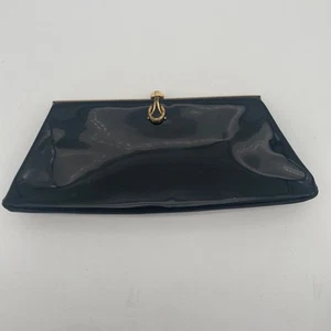 Bass Black Patent Leather Clutch Gold Clasp Vintage Fits Large iPhone vintage - Picture 1 of 11