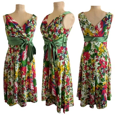 Evan-Picone Sz 10 Floral Midi Dress Green Garden Party Coquette Bow Faux Wrap  - Image 1 of 4