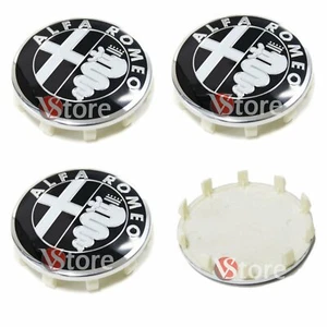 4 Tappi ALFA ROMEO Giulietta 159 146 157 Fregi CERCHI 60mm Coprimozzo Nero White - Picture 1 of 3