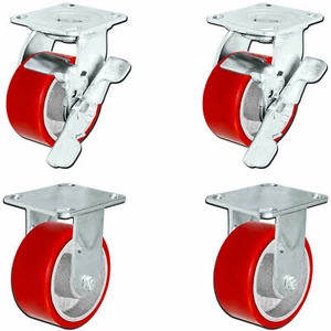 5" x 2" Heavy Duty Caster Set with Red Polyurethane on Steel Wheels, 1,100 pound - Picture 1 of 2
