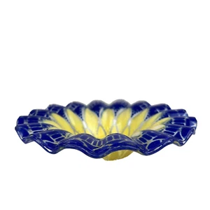 Vintage Sydenstricker Sonnenblume Kunst Glas Schale 7" blau gelb Schmelzglas Signe - Bild 1 von 4