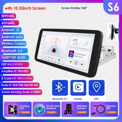 10.33''Android 13 Rotatable Touch Screen CarPlay Radio GPS Wifi Single 1DIN 6+64 - Image 1 of 4
