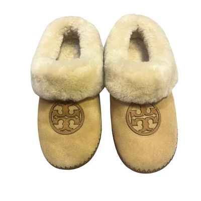 Tory Burch Shearling Lined Suede Slippers Tan Brown Women's Size 7 M - Image 1 of 4