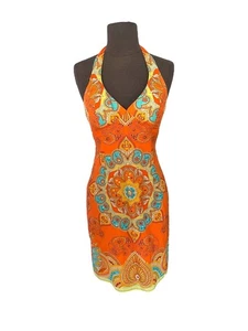 Y2K Muse Boston Proper Halter Mini Dress Mandala Sequin Silk Orange Women Size 2 - Bild 1 von 5