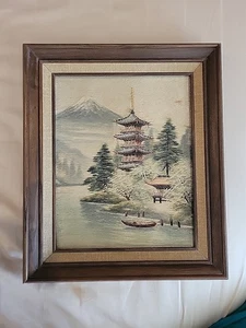 Vintage Japanese Silk Embroidered Art Pagoda And Boat 11"x12" - Picture 1 of 7