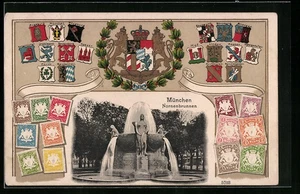 Präge-AK München, Nornenbrunnen, Wappen mit Briefmarken - Picture 1 of 2