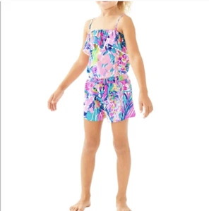 Lilly Pulitzer Girl Leonie Romper XL Multi Gumbo Limbo Ruffle Strap Cotton 28812 - Picture 1 of 13